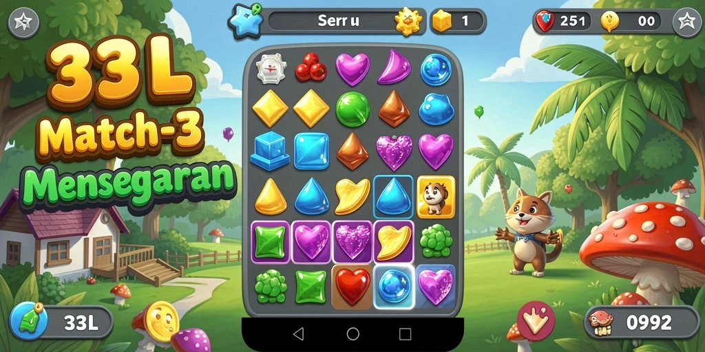 Tampilan screenshot permainan Match-3 33L yang penuh warna.