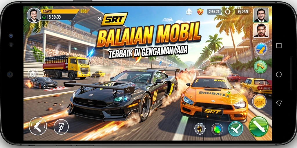 Screenshot gameplay 5RT menampilkan aksi balapan mobil yang mendebarkan.