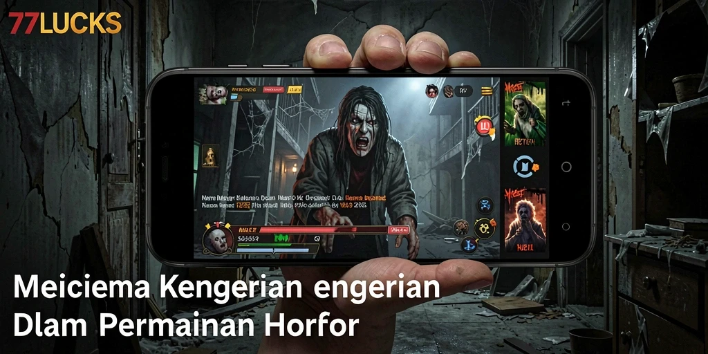 Tangkapan layar gameplay 77LUCKS yang menegangkan dengan atmosfer horror.