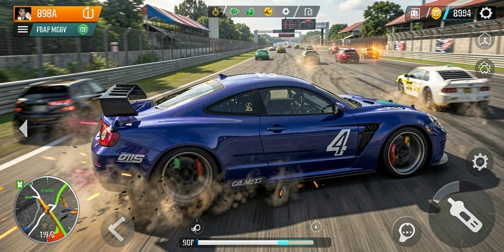 Screenshot gameplay 898A menampilkan balapan mobil yang mendebarkan.