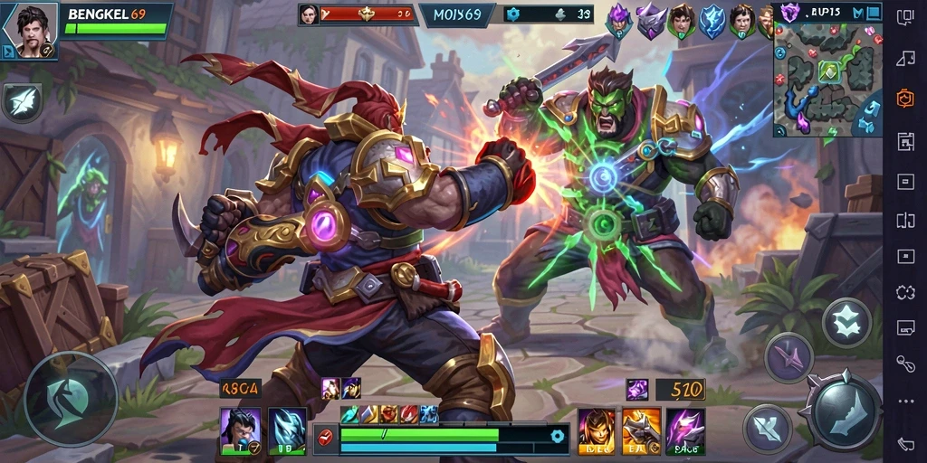 Screenshot gameplay BENGKEL69 menampilkan pertarungan seru antara karakter MOBA.