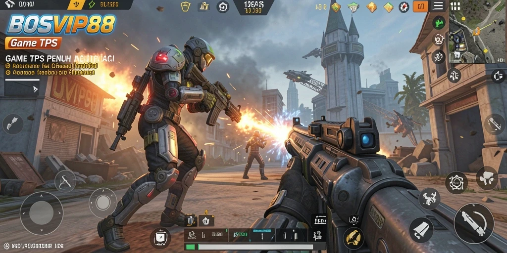 Screenshot utama game BOSVIP88 menampilkan aksi memukau dalam pertempuran TPS.