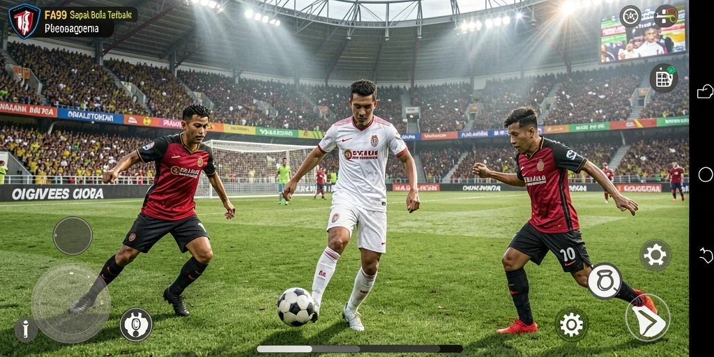 Tampilan aksi exciting dalam game sepak bola FA99 yang seru.