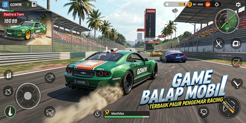 Screenshot GOWIN menampilkan momen balap yang mendebarkan dan mobil berkualitas tinggi.