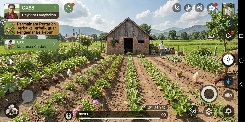 Gameplay GX88 menampilkan kebun indah dan beragam tanaman.