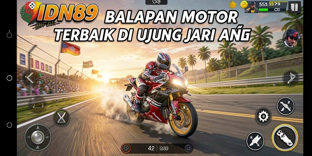 Screenshot gameplay IDN89 memperlihatkan aksi balapan motor yang mendebarkan.