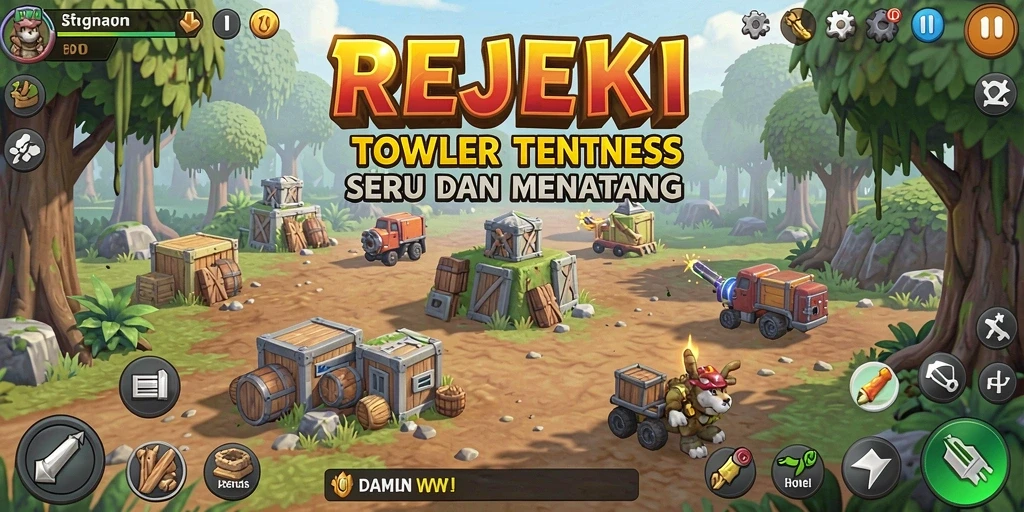 Tampilan gameplay strategis dalam permainan Tower Defense REJEKI.