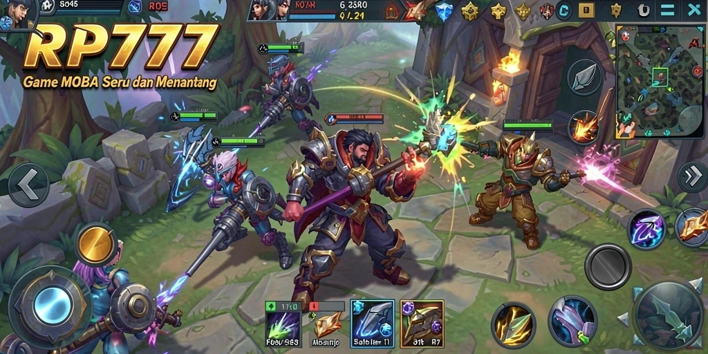 Screenshot gameplay RP777 menampilkan pertarungan seru antar karakter MOBA.