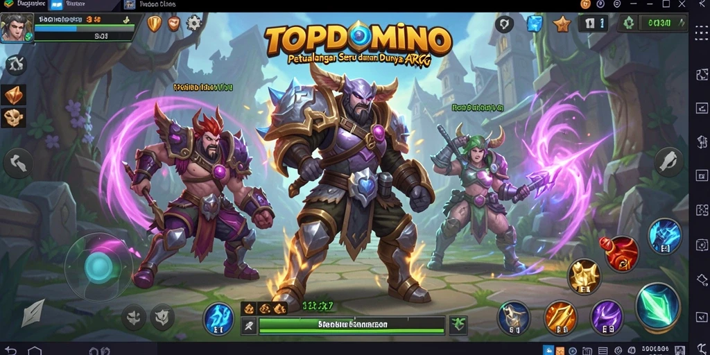 Screenshot gameplay menunjukkan karakter bertarung melawan monster dalam <strong>TOPDOMINO</strong>.