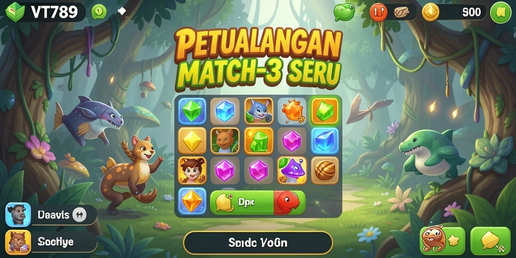 Screenshot utama VT789 menampilkan gameplay Match-3 yang penuh warna.